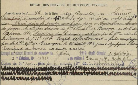 Extrait de la fiche matricule de Marcel Froidurot