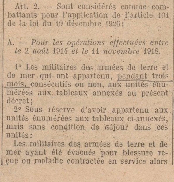 Article n&deg;2 du d&eacute;cret concerant les conditions d'attribution de la carte d'ancien combattant.