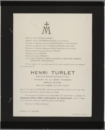 Copie de l'avis de décès d'Henri turlet publié à l'occasion de son inhumation en 1922