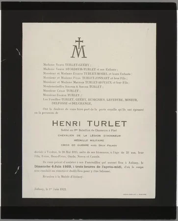 Copie de l'avis de d&eacute;c&egrave;s d'Henri Turlet publi&eacute; &agrave; l'occasion de son inhumation en 1922