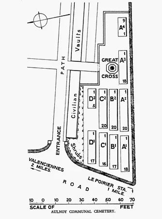 Plan du cimeti&egrave;re d'Aulnoy-lez-Valenciennes indiquant l'emplacement du carr&eacute; militaire