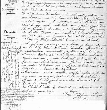 Transcription de son décès d'Edouard Gaston DECOSTER