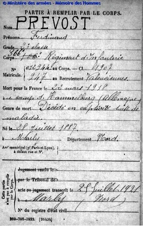 Fiche num&eacute;ris&eacute;ed de mort pour la France de Ferdinand PREVOST