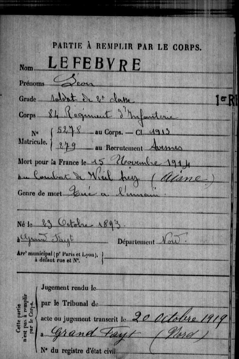 Fiche de mort pour la France de Léon LEFEVRE