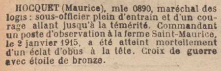 Extrait du journal officiel du 13 mai 1920 à propos de Maurice Hocquet